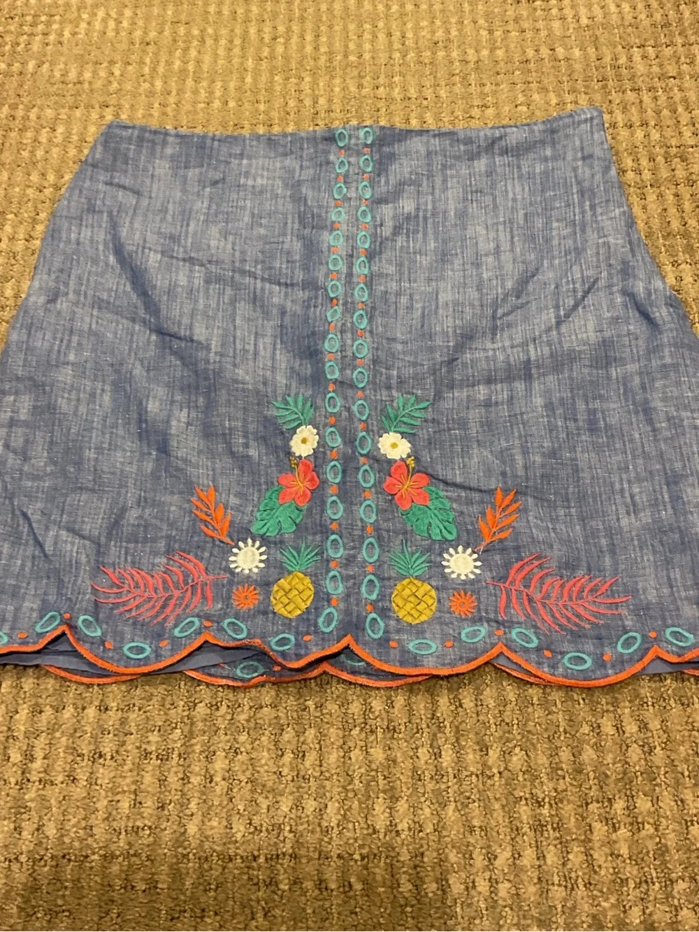 Talbots Chambray Mini Skirt with Tropical Embroidery cotton linen lined 8P
